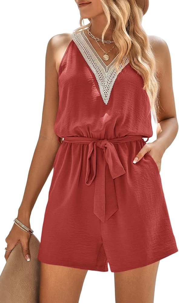 PRETTYGARDEN Women's Summer Sexy V Neck Romper 2023 Fashion Sleeveless Casual Waist Tie Short Jum... | Amazon (US)