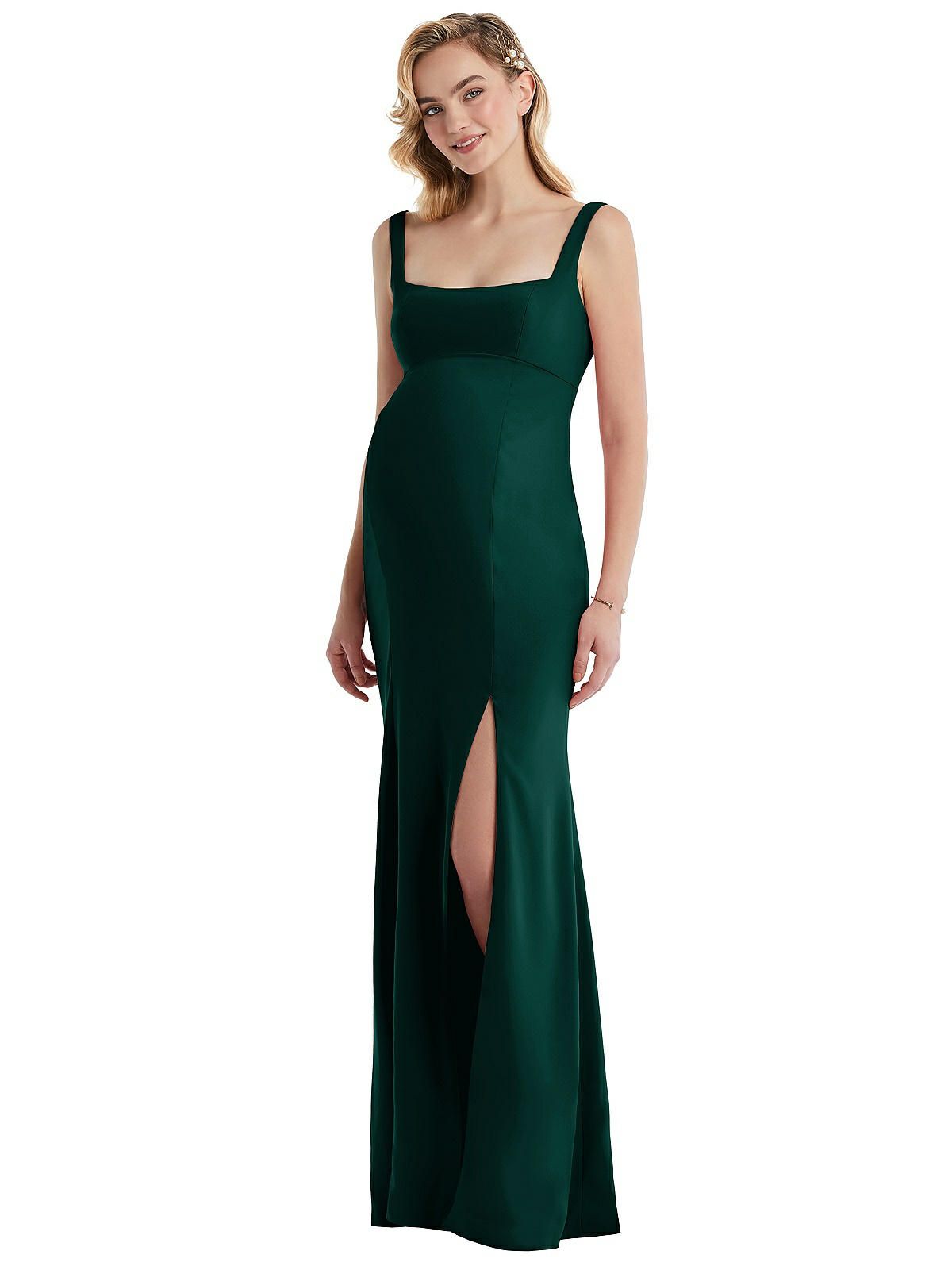 Wide Strap Square Neck Maternity Trumpet Gown in Evergreen | The Dessy Group