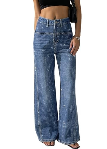 heipeiwa Women's Rhinestone Jeans Wide Leg Flare Denim Pants High Waist Sparkle Shiny Sequin Glitter Trouser Lightblue | Amazon (US)
