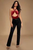 Luxe Mood Wine Red Crushed Velvet Cutout Halter Bodysuit | Lulus (US)