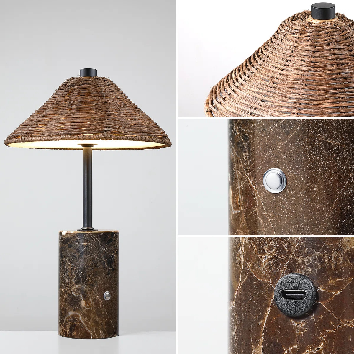 3600mAh Rechargeable Cordless Table Lamp, 3-Way Dimmable, Touch Control, Wicker Shade with Marble... | Wayfair North America