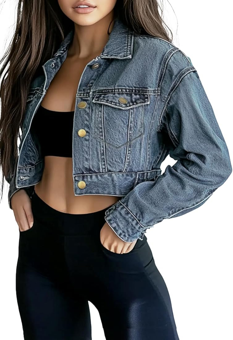 Trendy Washed Cropped Jean Jacket for Women Jean Crop Jacket Short Jean Jacket Black Gray Blue De... | Amazon (US)