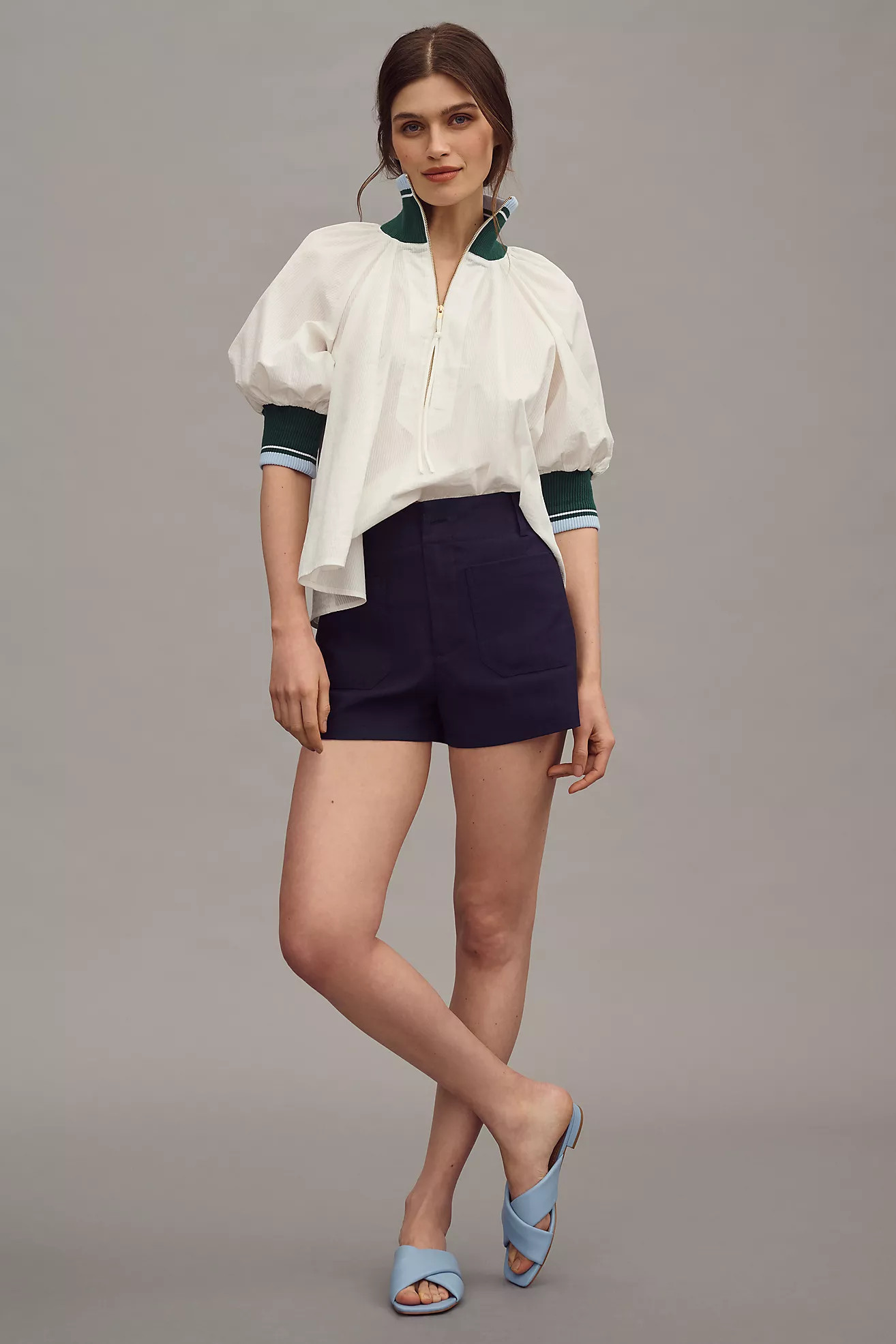 Maeve Half-Zip Puff-Sleeve Sporty Henley Blouse | Anthropologie (US)