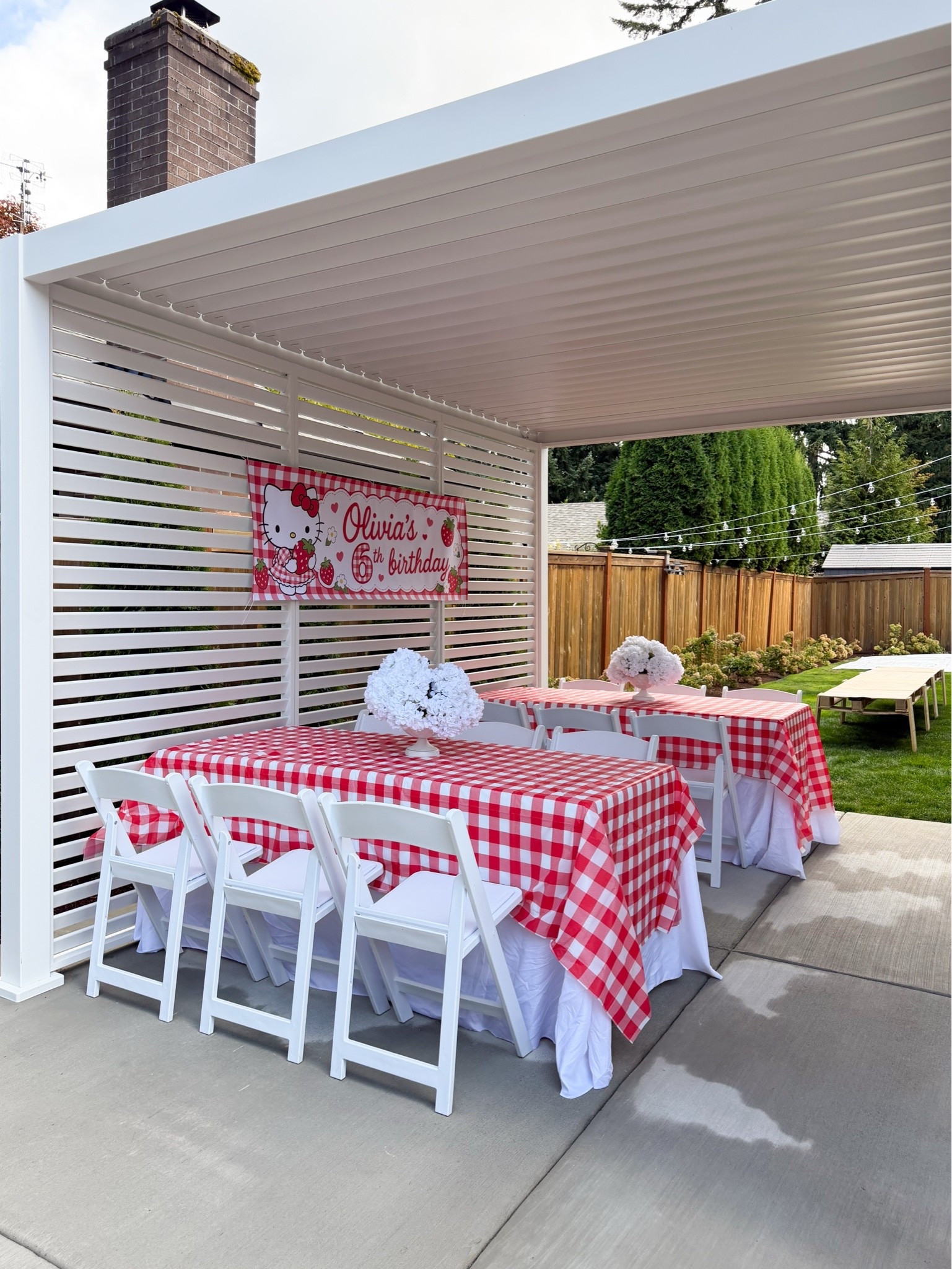 Hello Kitty birthday banner + party eating tables! 

Tables, chairs, tablecloth, string, hole punch, Pergola, hydrangeas

#LTKsummer #LTKhome