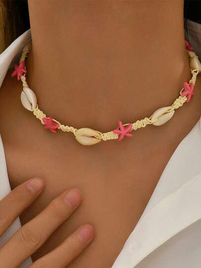 1pc Beaded Beach Vacation Series Necklace With Starfish, Shell & Palm Tree Charms | SHEIN