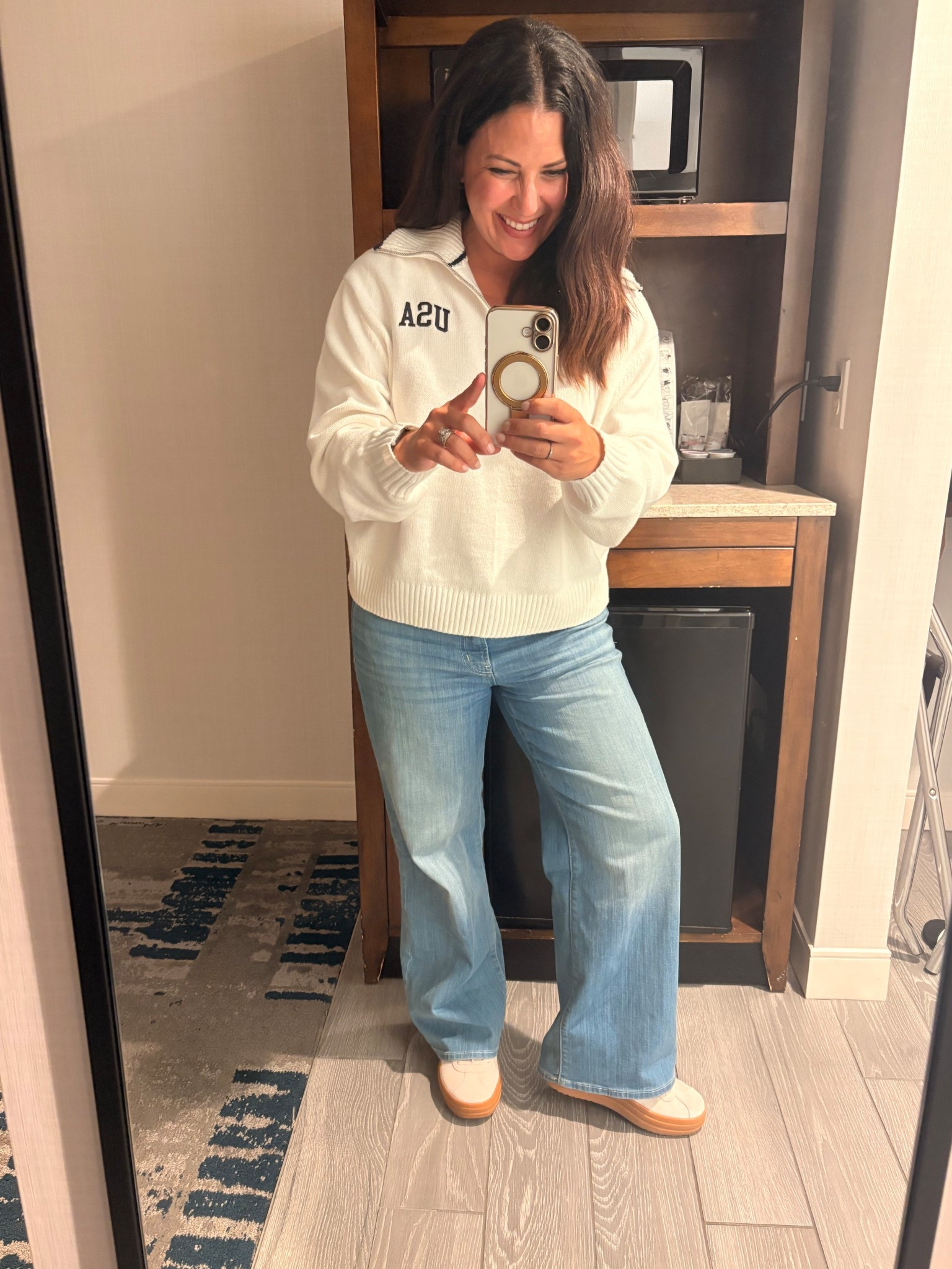 Went to my first hockey game! We cheered for the Washington Capitals in their home opener against the Bruins. Wore my favorite wide leg jeans, platform adidas sneakers, and a cozy USA 🇺🇸 half-zip sweater. 

Fall casual style
History teacher

#LTKStyleTip #LTKPetite #LTKShoeCrush