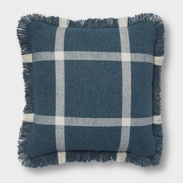 18"x18" Woven Plaid Square Throw Pillow with Fringe Navy/Cream - Threshold™ | Target