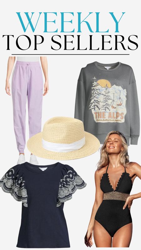 weekly top sellers, alps sweatshirt, joggers, time and tru, blouse, eyelet shirt, one piece, swimsuit, bathing suit, cupshe, walmart, walmart fashion, beach hat, sun hat

#LTKover40 #LTKSeasonal #LTKswim