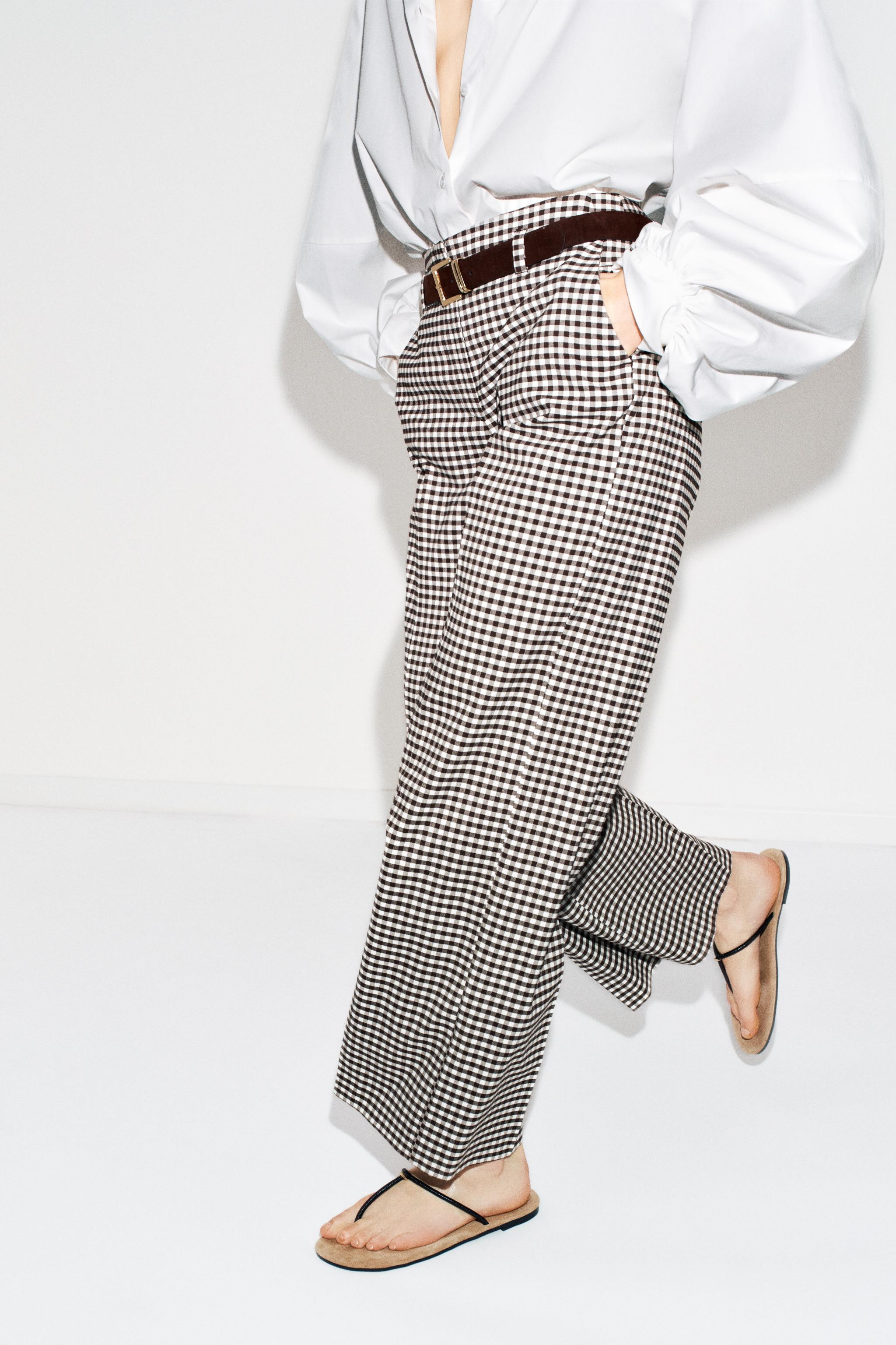 GINGHAM BELTED STRAIGHT PANTS | Zara US