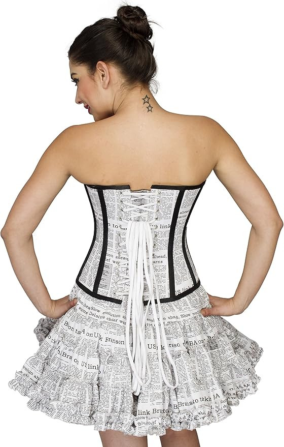 Newspaper Print Cotton Black Satin Stripes Goth Burlesque Overbust Corset Dress | Amazon (US)