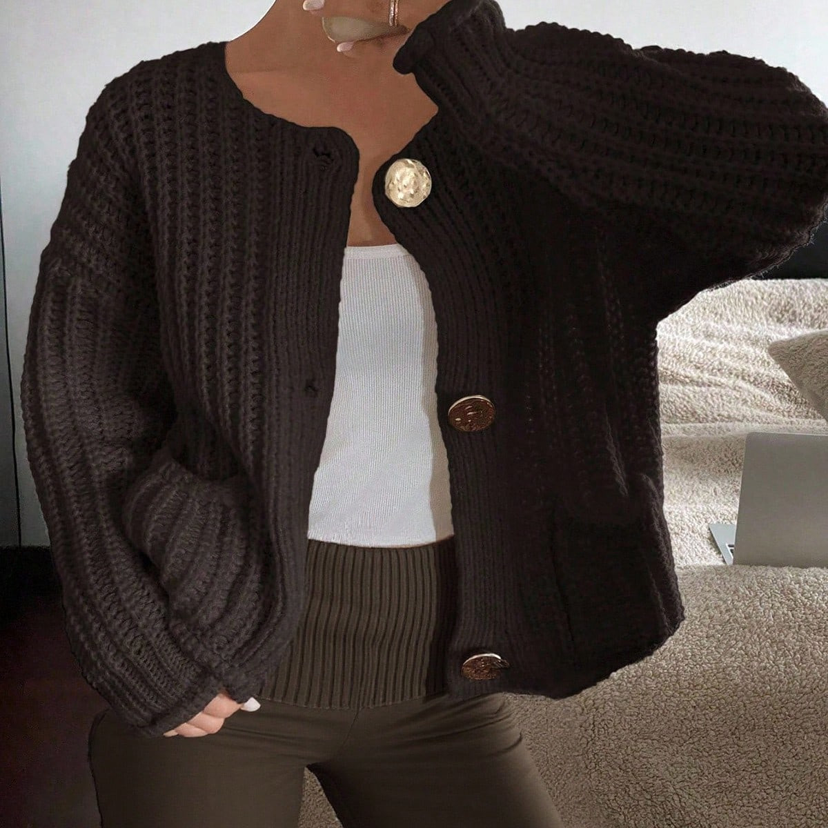 Siren Gaze Women's Solid Color Front Button Long Sleeve Casual Blouse,Knitted Sweater In Fall/Winter Brown | SHEIN