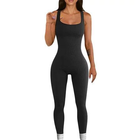 Caitzr Womens Sexy Yoga Bodycon Jumpsuits Ribbed Knit Workout Rompers Square Neck Solid Color One Piece Exercise Outfits | Walmart (US)