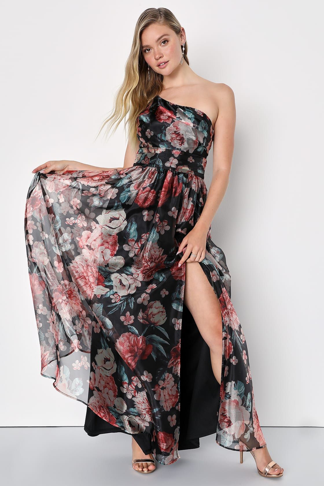Bringing the Charm Black Floral Organza One-Shoulder Maxi Dress | Lulus (US)