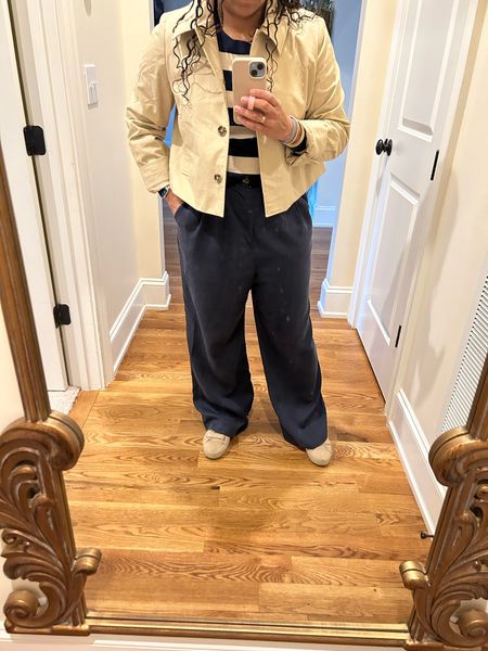 Wet hair running out the door this morning, but had to share this trench I am loving so much. 
Trench larger size 
Pants larger size petite 
Sweater larger size 

#LTKunder100 #LTKcurves