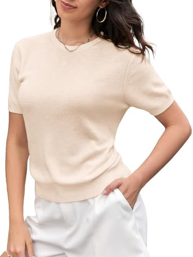 SANGTREE Women's Short Sleeve Sweaters Crew Neck Summer Pullover Tops Knit Sweaters for Women, 01# Cream, 2XL | Amazon (US)