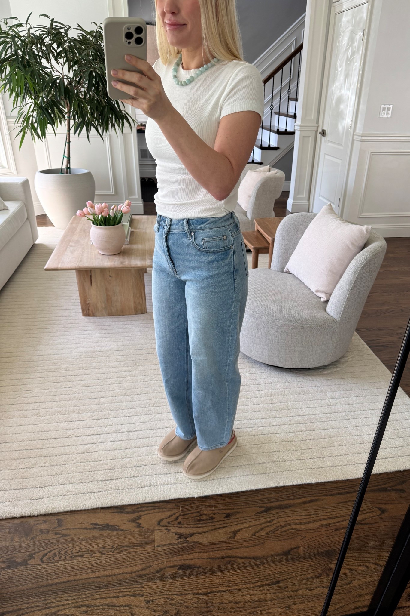 Easy everyday outfit with elevated basics 🤍
Wearing a fitted white tee with high-rise straight leg denim for that clean, effortless look. Added a soft neutral slip-on and a simple beaded necklace (this one is under $20 and such a good everyday piece). This is my go-to formula when I want to feel put together without overthinking it.

white fitted tee, high rise jeans, straight leg denim, light wash jeans, casual outfit, neutral outfit, everyday style, minimalist outfit, capsule wardrobe, spring outfit, summer outfit, casual chic, effortless style, amazon jewelry, beaded necklace

@Quince 
#whitetee #straightlegjeans #lightwashdenim #neutraloutfit #everydaystyle

#LTKOver40 #LTKdayinmylife #LTKootd