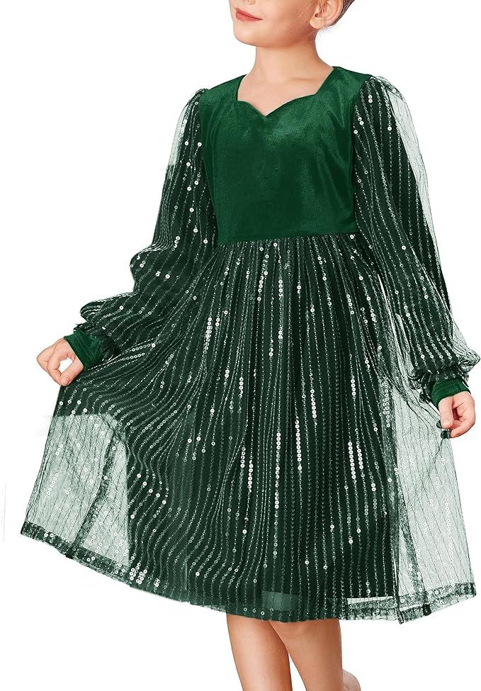 GRACE KARIN Girls Velvet Sequin Dress Girls Long Sleeve Elegant Cute Sequin Dress for 5-12Y      ... | Amazon (US)