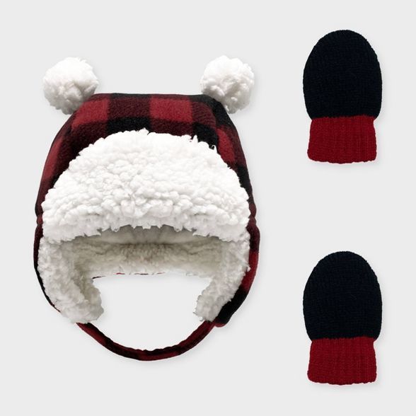 Baby Girls' Buffalo Plaid Trapper and Magic Mittens Set - Cat & Jack™ Red | Target