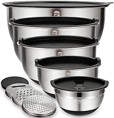 Mixing Bowls Set of 5, Wildone Stainless Steel Nesting Bowls with Airtight Lids, 3 Grater Attachm... | Amazon (US)