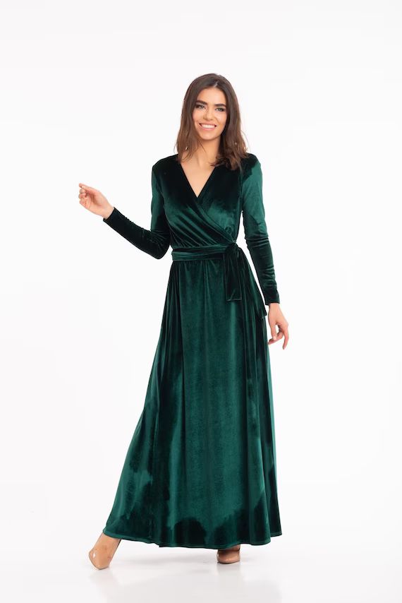 Emerald Green Velvet Dress, Long Sleeve Velvet Dress, Wrap Maxi Dress, Bridesmaid Wrap Gown, Velv... | Etsy ROW