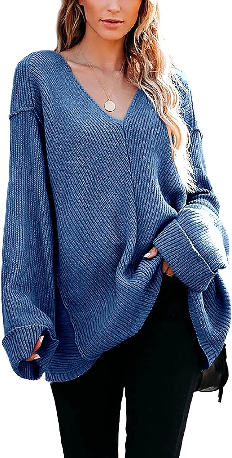 Womens Tunic Sweater V Neck Off Shoulder Oversized Sweaters Loose Knit Long Sleeve Casual Jumper ... | Amazon (US)
