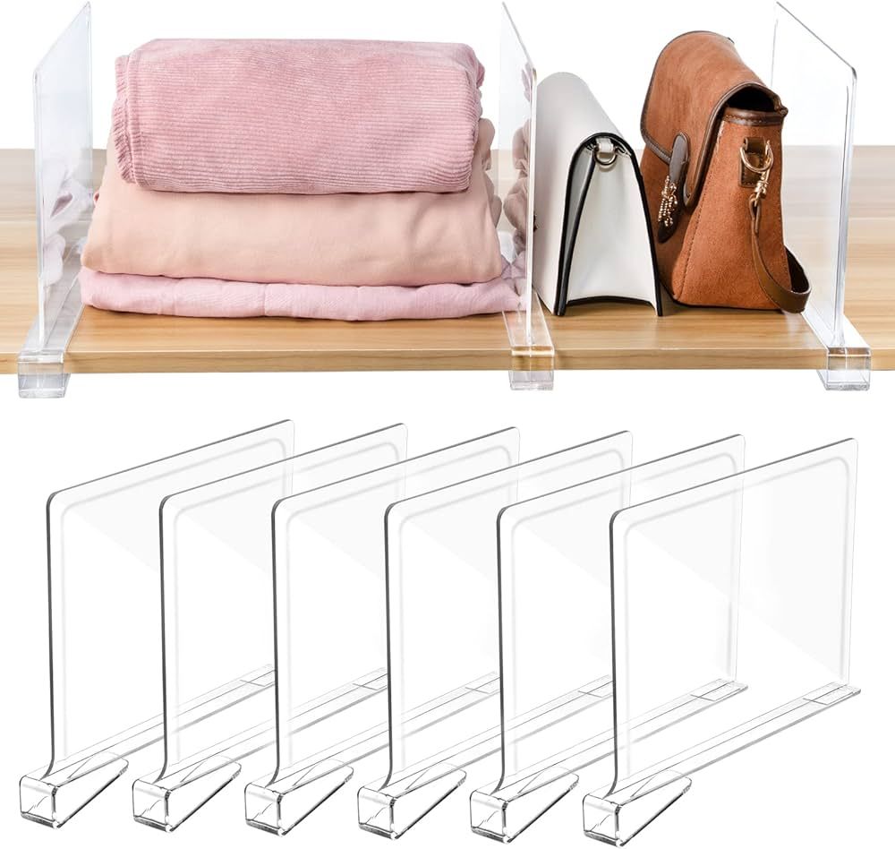 Shelf Dividers for Closet Organization, 6 Pack Acrylic Shelf Divider for Clothes Purses, Clear Pl... | Amazon (US)