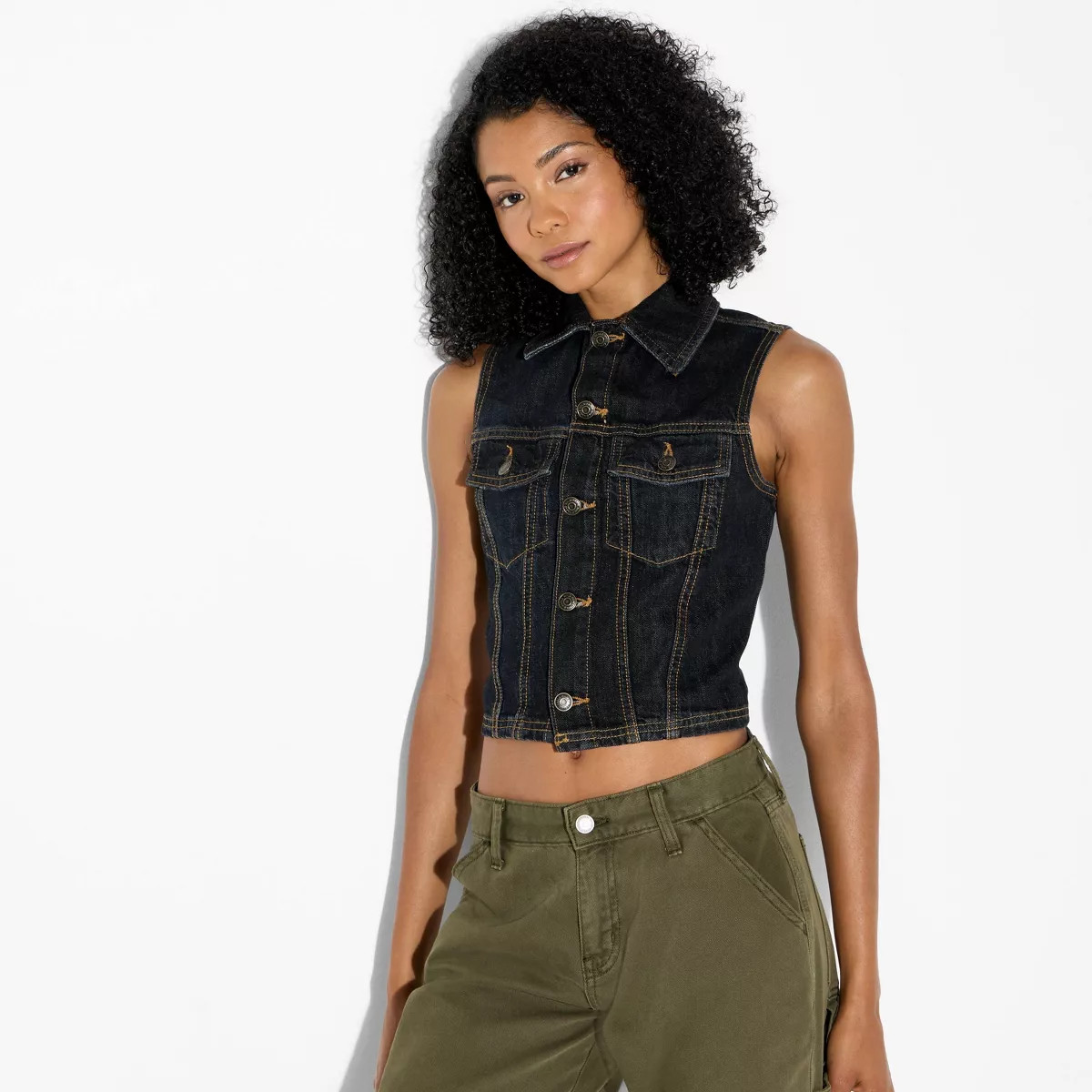 Women's Sleeveless Cropped Denim Trucker Vest - Wild Fable™ | Target
