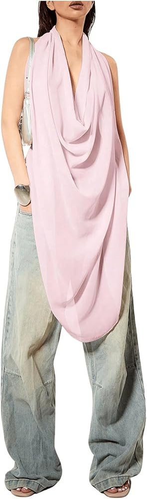 OYOANGLE Women's Backless Cowl Neck Sleeveless Tank Top Draped Front Chiffon Trendy Tops | Amazon (US)