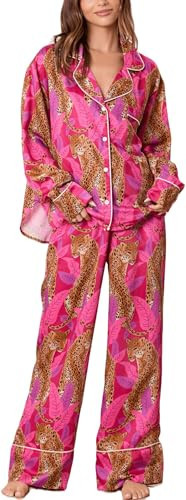 Womens Y2k Silk Tiger Pajamas Cute Animal Print 2 Piece Preppy Pjs Long Sleeve Button Shirts Matching Pj Pants Sets Red | Amazon (US)