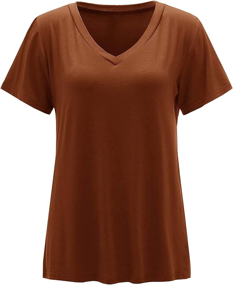 Floerns Women's Solid V Neck Short Sleeve Casual Tee Shirt Top | Amazon (US)