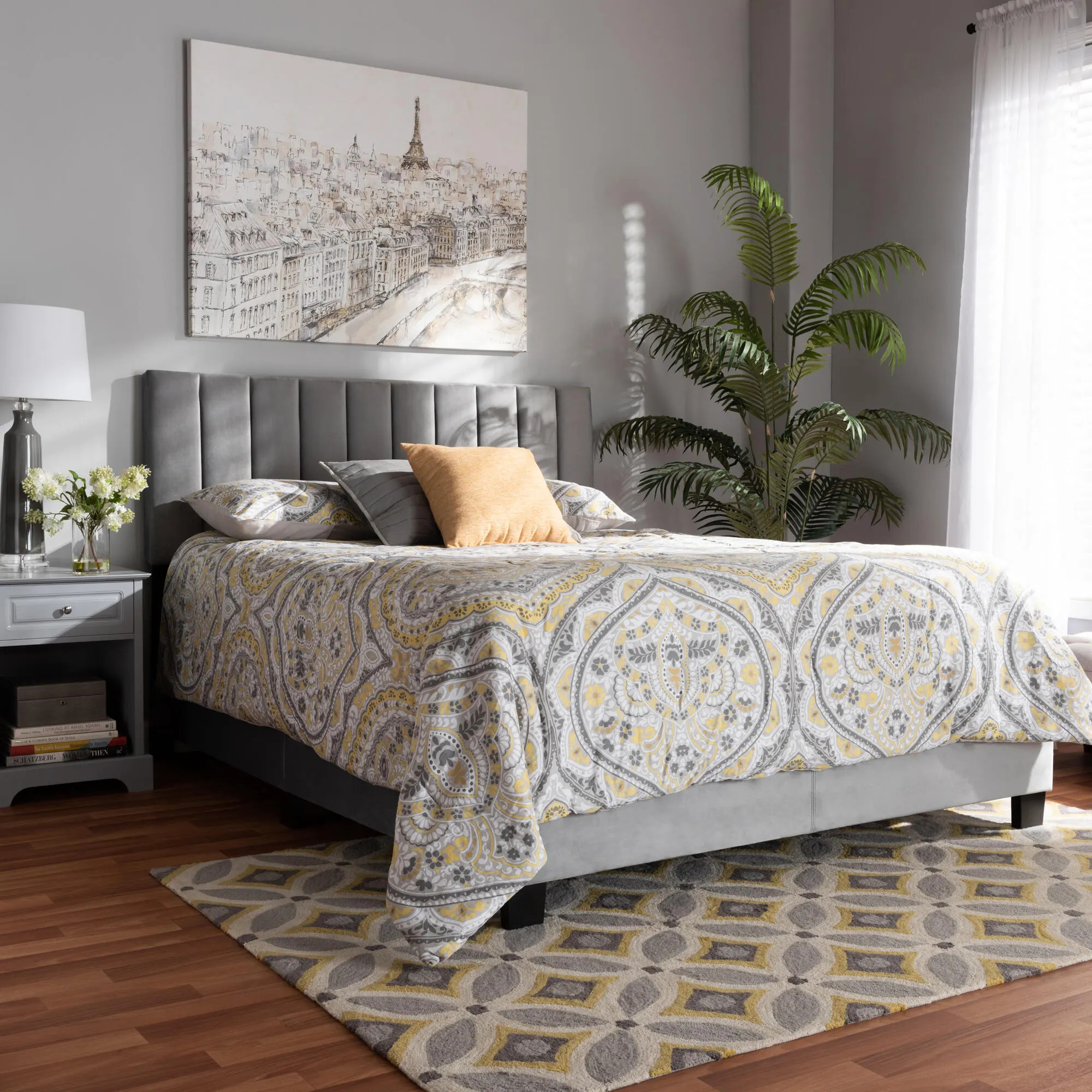 Clare Velvet Upholstered Panel Bed, Gray | Ashley