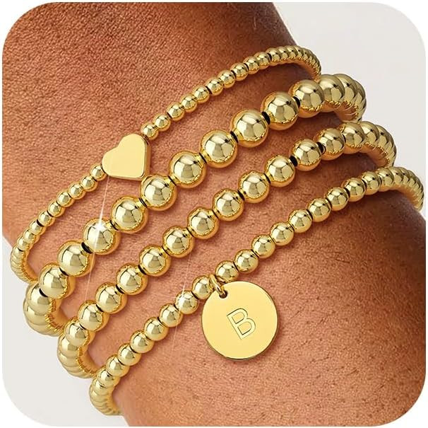 Howoo 18K Gold Plated Bracelets for Women Beaded Bracelets Stack Stretch Bead Ball Jewelry for Wo... | Amazon (US)