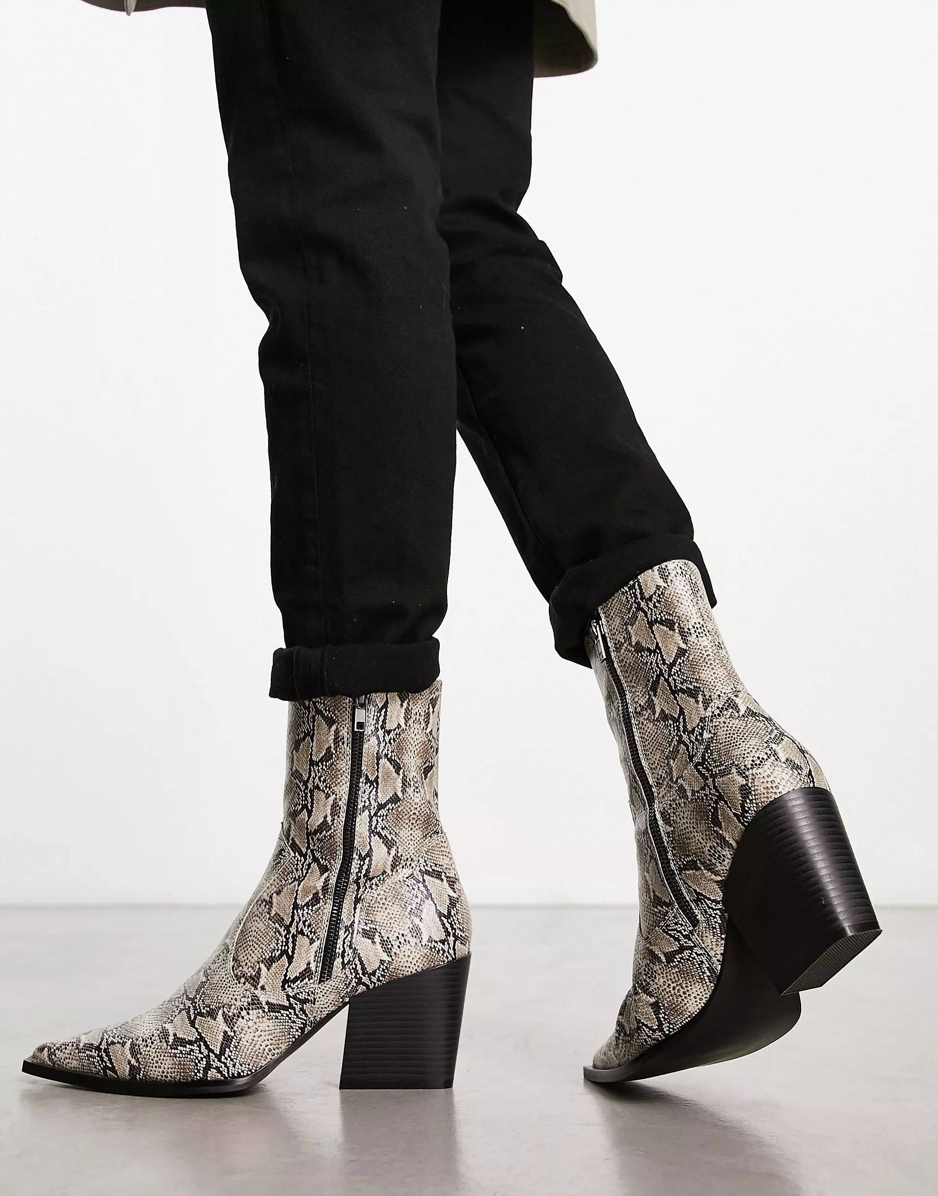 ASOS DESIGN heeled boots in snake print faux leather | ASOS (Global)