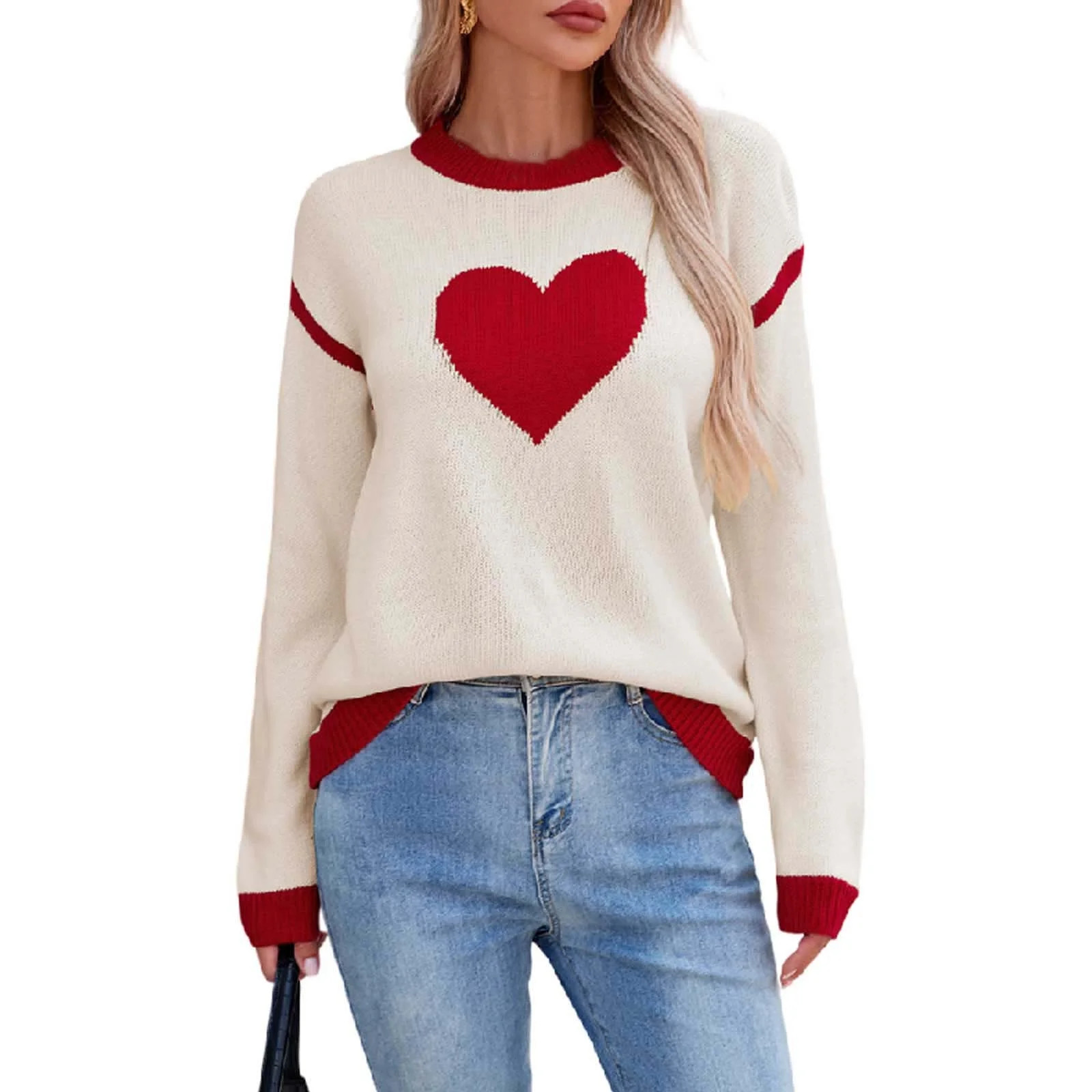 Ruimatai Women's Valentine Heart Print Sweater Round Neck Knitted Pullover Casual Long Sleeve Top... | Walmart (US)