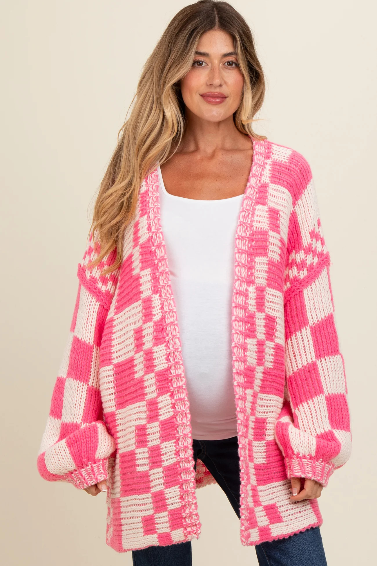 Fuchsia Mixed Check Pattern Chunky Maternity Cardigan | PinkBlush Maternity