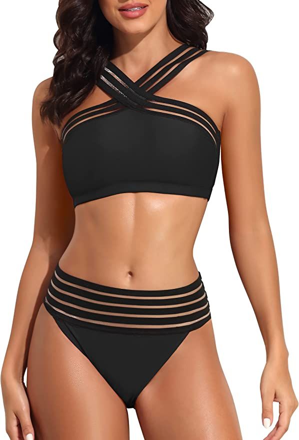 Hilor Women's Two Piece Bathing Suits Front Crossover Swimsuits Sexy Stripe Hollow High Waisted B... | Amazon (US)
