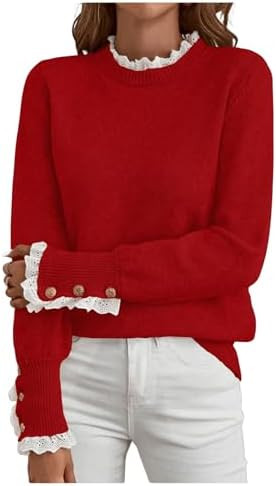 MakeMeChic Women's Fall Sweaters Lace Peplum Mock Neck Cozy Sweater Pullover | Amazon (US)
