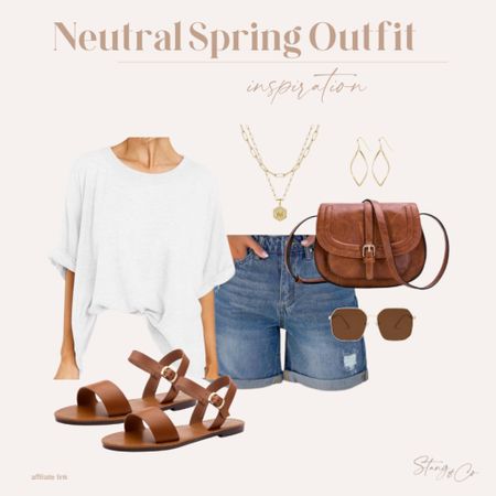 Neutral spring outfit inspiration! This look includes an oversized white tee with denim shorts, brown crossbody bag, brown sandals, a gold layered necklace, gold dangling earrings, and gold rimmed sunglasses. 

Ootd, summer outfit, tall friendly outfit, Amazon fashion 

#LTKfindsunder50 #LTKstyletip #LTKshoecrush