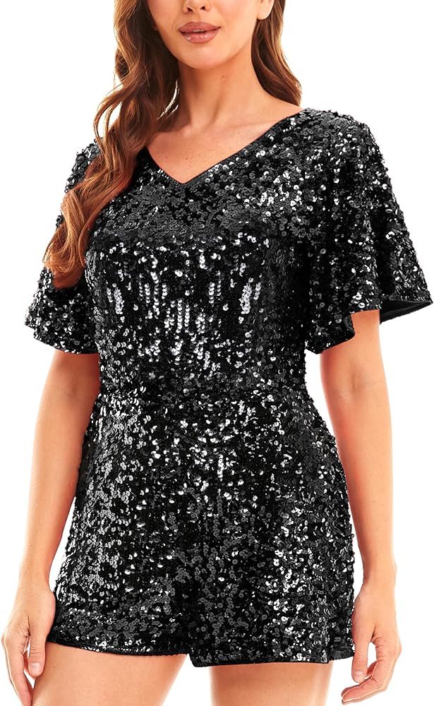 MANER Women’s Sequin Romper Sparkly Short Jumpsuit Party Concert Outfit With Flutter Sleeve | Amazon (US)