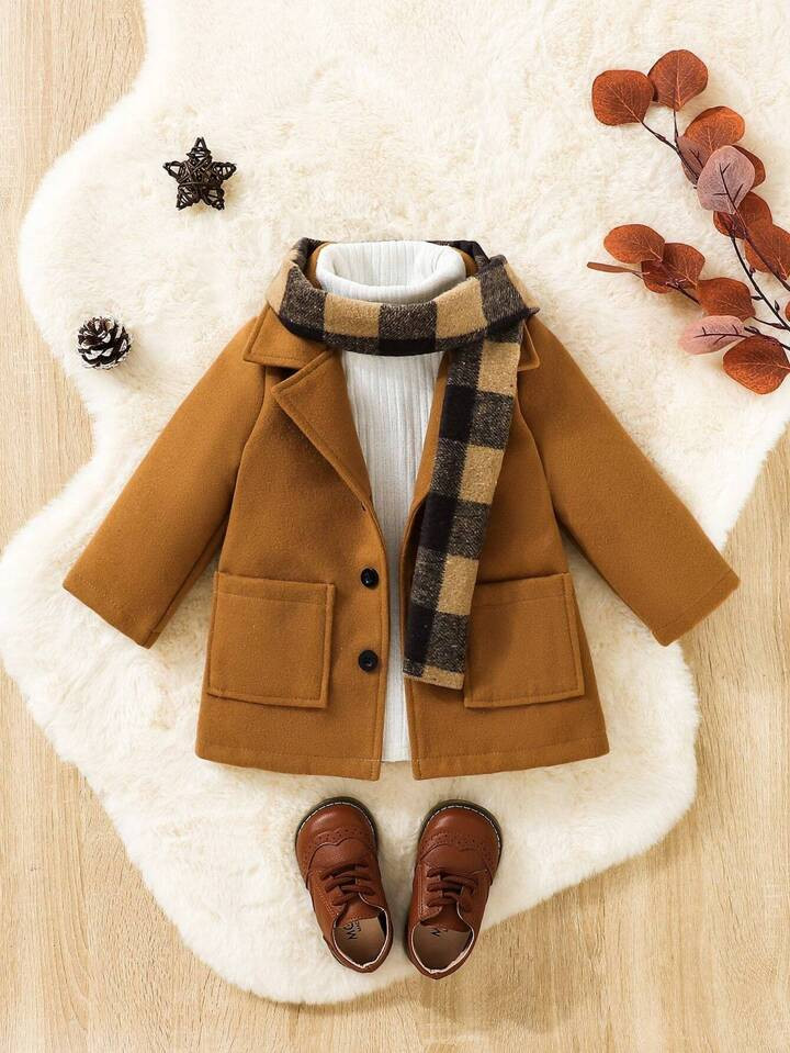 Baby Boys Autumn/Winter British Preppy Brown Coat With Classic Plaid Scarf Two-Pack Set | SHEIN