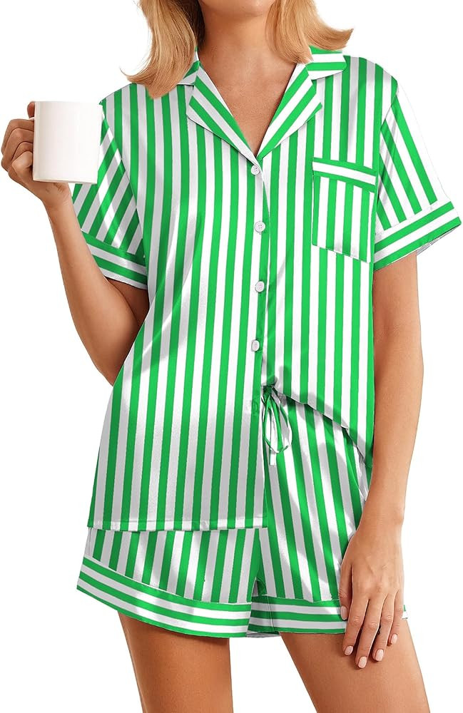 Ekouaer Womens Silk Satin Pajamas Sets 2 Piece Short Sleeve Sleepwear Button Down Top and Shorts ... | Amazon (US)