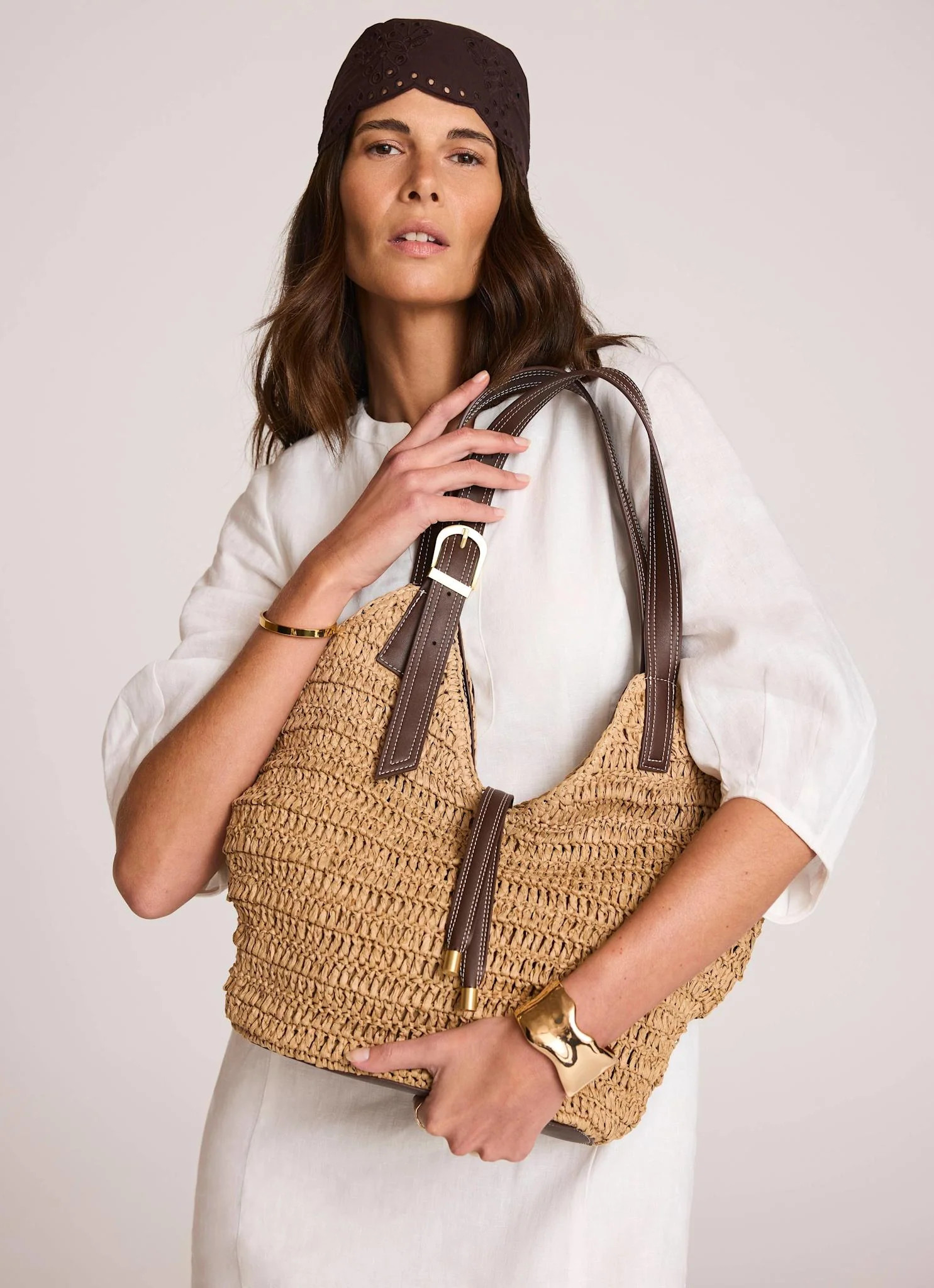 Esme Neutral Woven Bucket Bag | Mint Velvet - UK