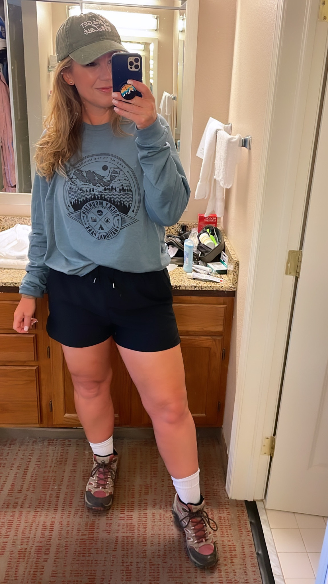Hiking OOTD. Hiking boots, performance shorts, hiking gear, hiking clothes  
*long sleeve tee is from Rocky Mountain National Park Visitors Center. Linked similar options  

#LTKFitness #LTKxPrimeDay #LTKsalealert