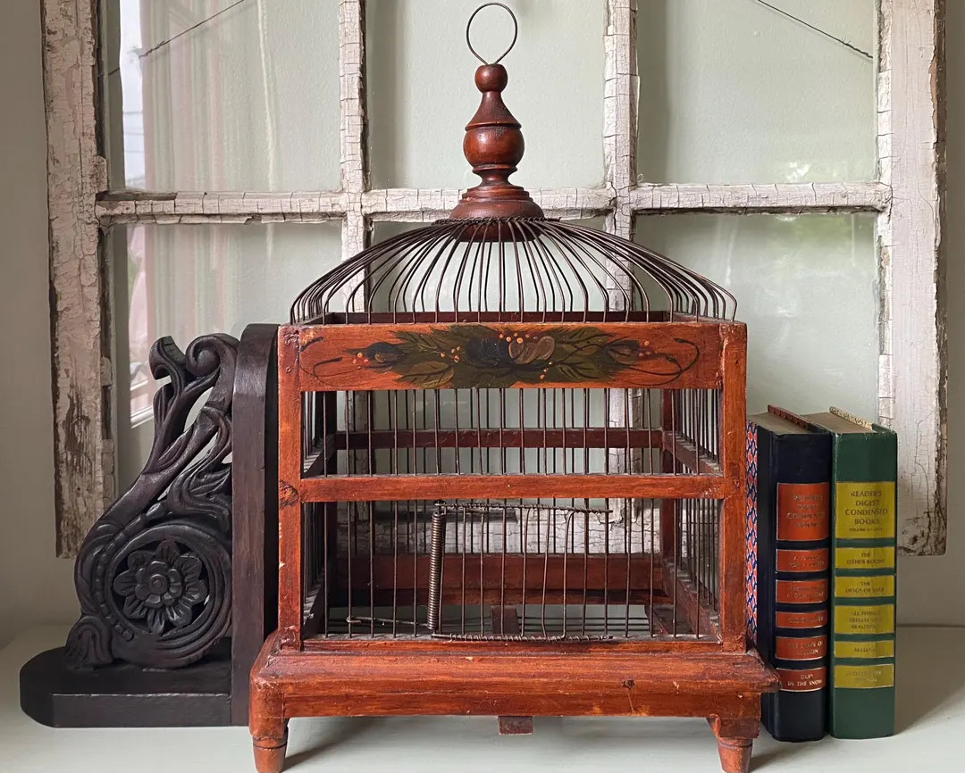 Vintage Handpainted Wood Bird Cage - Etsy | Etsy (US)