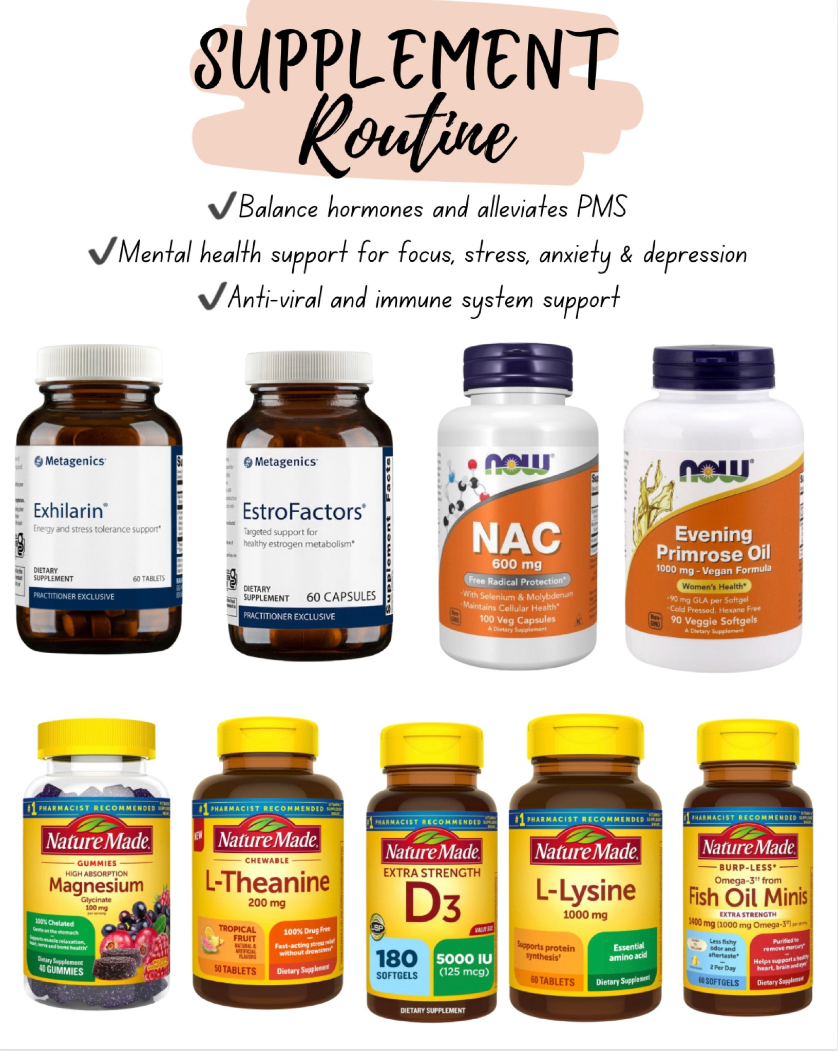 Supplement routine to support hormone health, stress, anxiety & depression! Also, great for overall health and anti-viral. 

#vitamins #supplements #stresssupport 