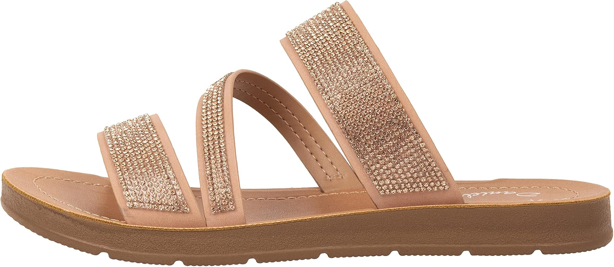 ~ FIONA ~ Women's Slip on Flat Sandals Casual Strap Sandals Open Toe Slide Sandals With Bling Rhi... | Amazon (US)