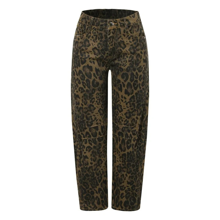 FYDUU Barrel Jeans For Women Trendy Stretchy Mid Rise Barrel Jeans Leopard Print Vintage Jeans An... | Walmart (US)