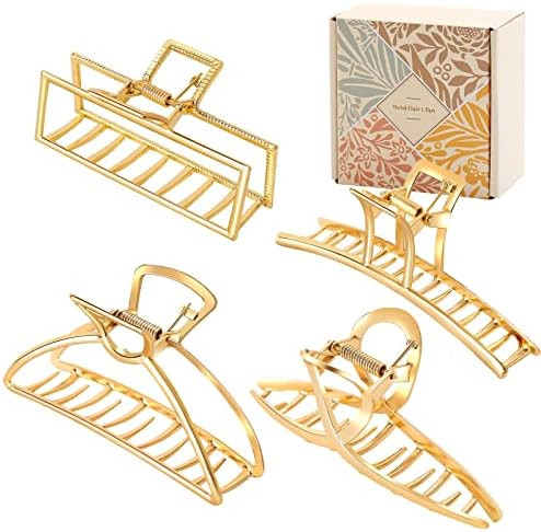 4 Pack Large Gold Hair Claw Clips for Women Thick Hair, Non-Slip Hair Catch Barrette Jaw Clamp, F... | Amazon (US)
