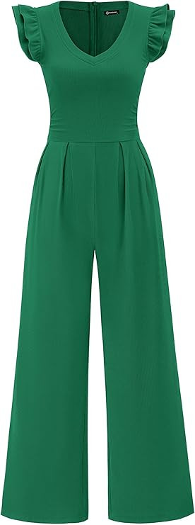 PRETTYGARDEN One Piece Jumpsuits For Women Dressy Ruffle Cap Sleeve V Neck Ribbed Knit Wide Leg R... | Amazon (US)
