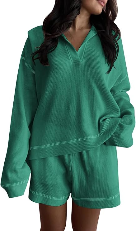 Fazortev Womens 2 Piece Outfits Waffle Knit Lounge Sets Long Sleeve Pullover Top Shorts Matching ... | Amazon (US)